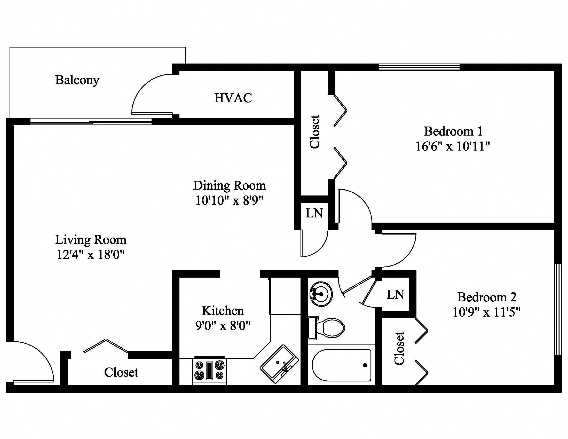 Floor plan for 2 beds, 1 bath, 760 sqft